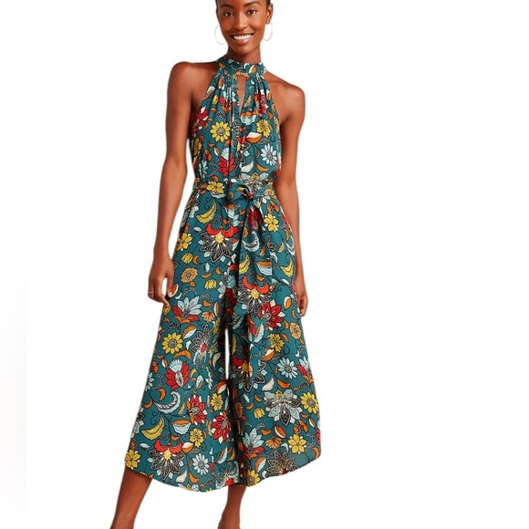Anthropologie Geneva Halter Wide Leg Floral Jumpsuit Green Size XS - Picture 12 of 14